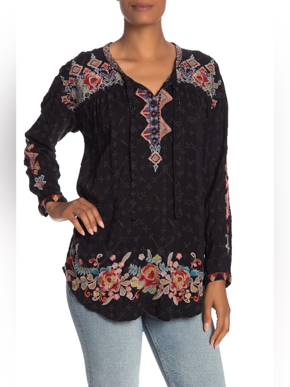 Johnny Was Gina Cupra Rayon Embroidered Boho Peasant Blouse.